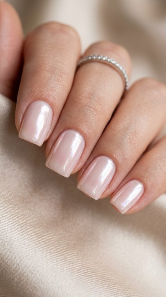 Glazed donut square nails with a pearly chrome finish and glossy shine, creating a soft, luminous, and trendy manicure look