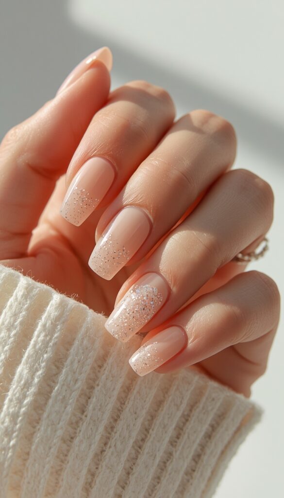 Close-up of square nails with subtle glitter accents on a milky nude base, glossy finish, and a clean elegant aesthetic
