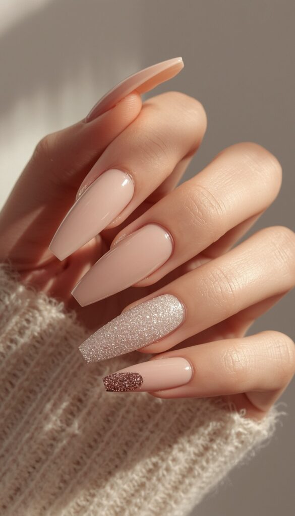 Close-up of coffin nails with glitter accent design, soft base tones, sparkling finish, and a trendy summer aesthetic