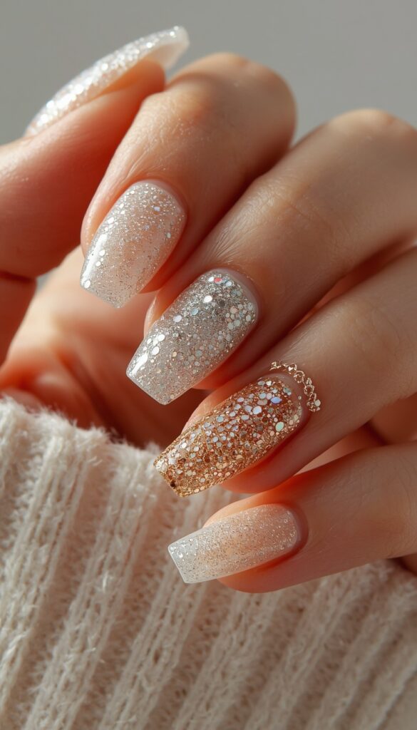 Close-up of press-on nails with glitter glam design, high-shine sparkle, glossy finish, and a bold festive aesthetic