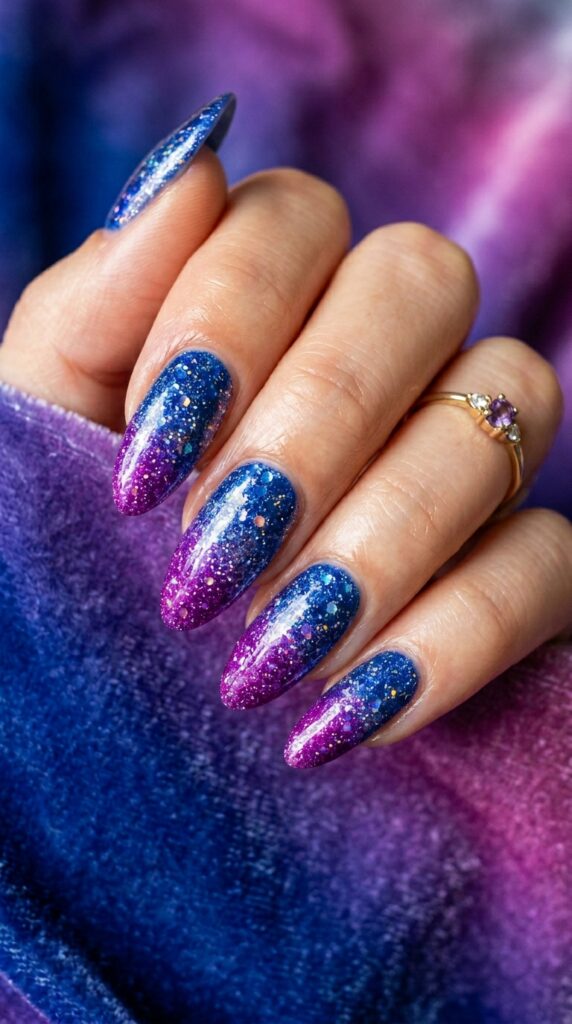 Stunningly manicured almond-shaped nails featuring a glitter gradient transitioning from royal blue with sapphire and silver glitter at the base to vibrant magenta with fuchsia and holographic glitter at the tips, photographed against a complementary blue-to-pink gradient background.
