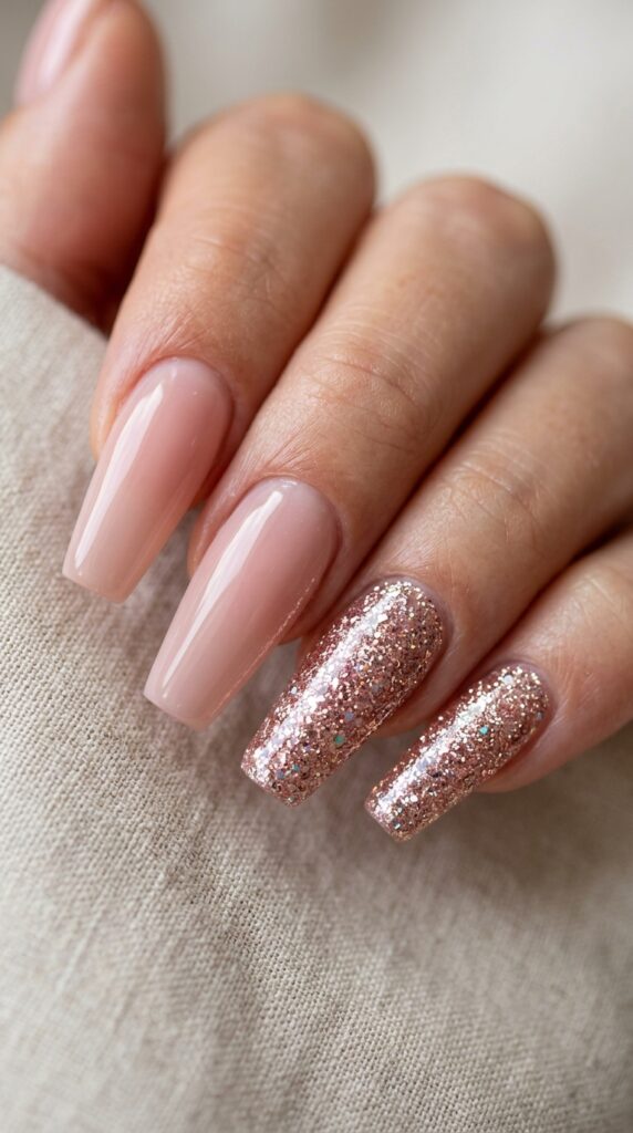 Coffin nails with glitter accent design, glossy finish, and a sparkling elegant summer aesthetic
