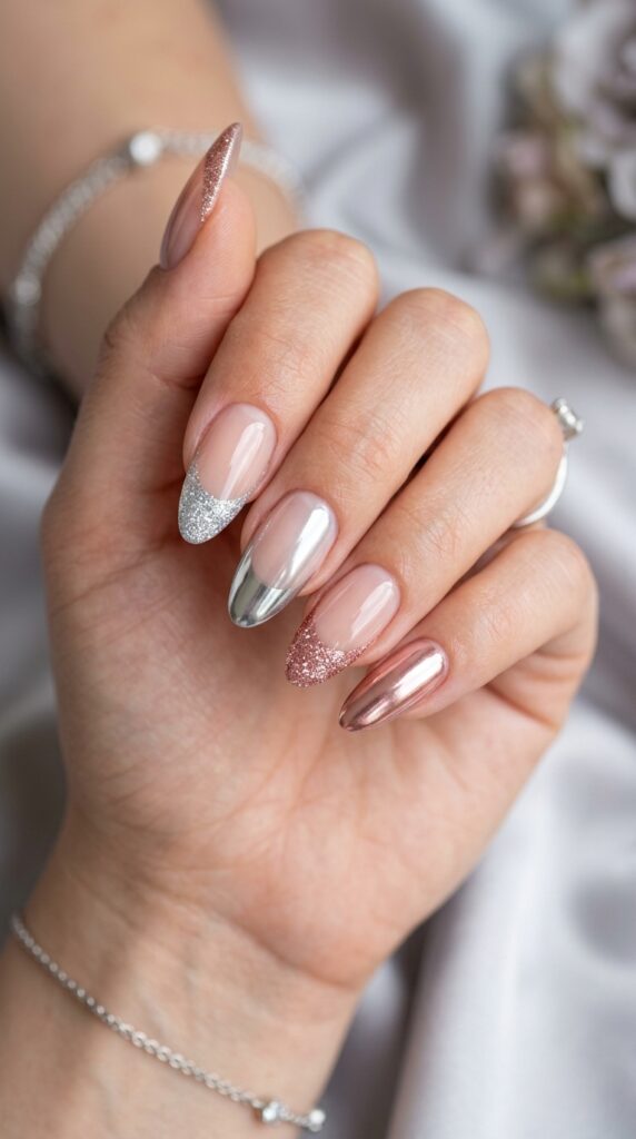 Glitter and chrome French tip nails with sparkling metallic finishes, creating a bold, glamorous, and luxurious manicure look perfect for special occasions