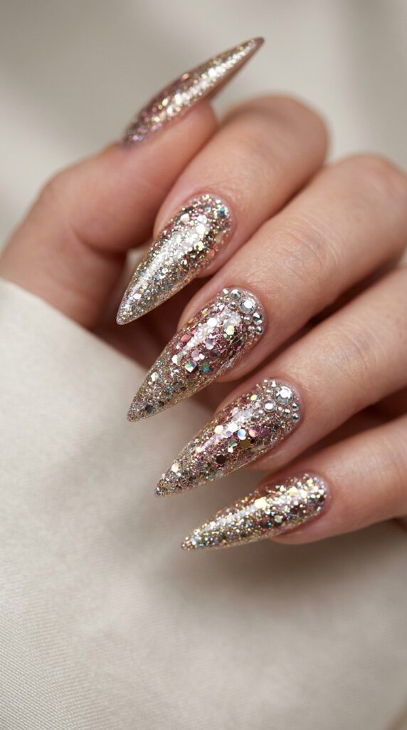 Glitter glam stiletto nails with sparkling details, rhinestones, and a bold luxurious high-shine aesthetic