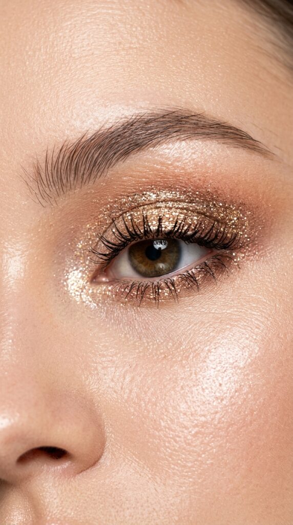 Glitter and shimmer eye makeup with sparkling lids, reflective shine, and a bold glamorous summer aesthetic