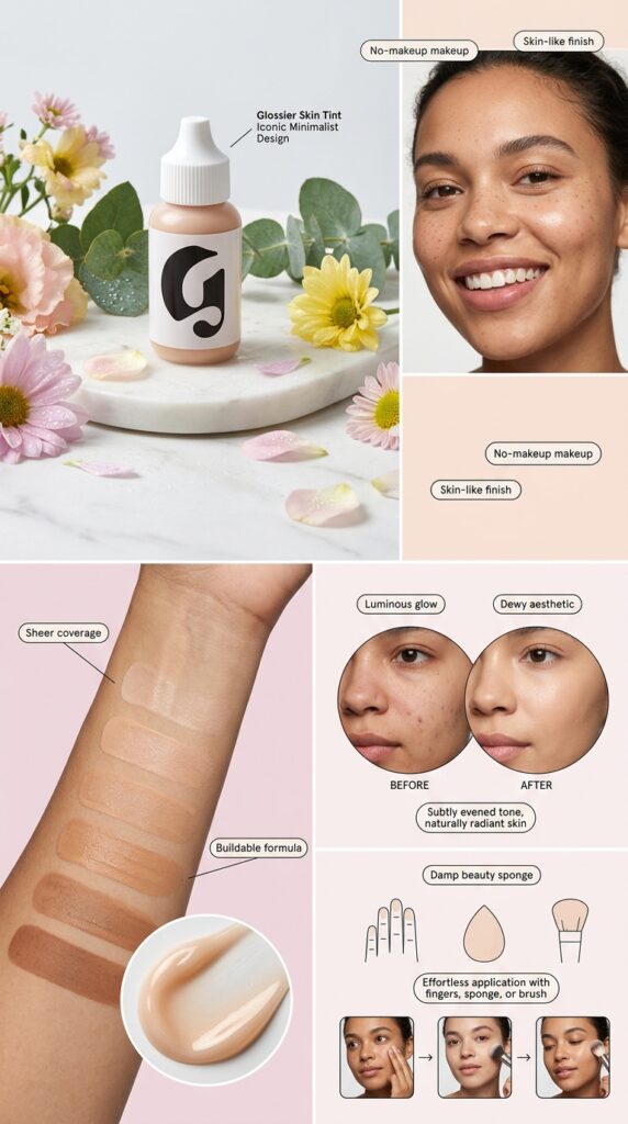 Trendy product shot of Glossier Skin Tint in iconic minimalist bottle surrounded by fresh flowers and natural elements, with swatches showing sheer buildable coverage, a woman's naturally radiant complexion with visible freckles, and multiple application methods demonstrating the signature no-makeup makeup finish.






