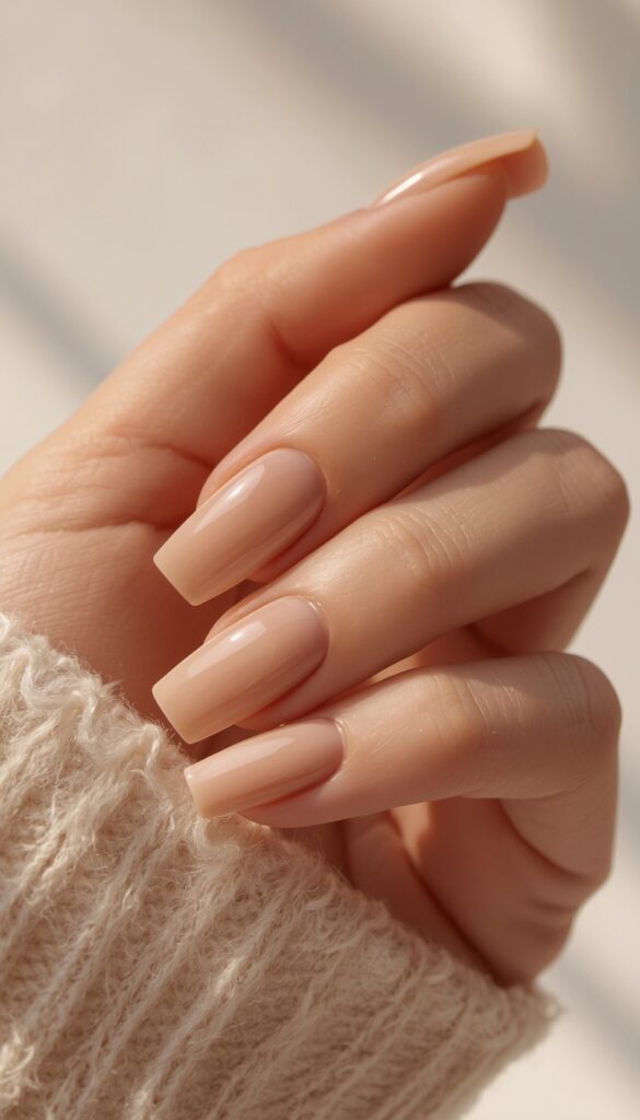 Close-up of square nails in a glossy nude finish, clean minimalist style, soft tones, and natural lighting