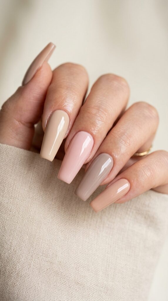 Glossy nude coffin nails with a clean elegant look, soft natural tones, and a shiny minimal aesthetic