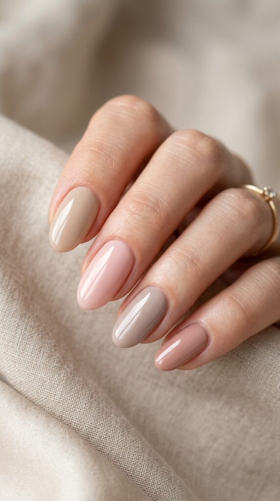 Glossy nude oval nails with a clean minimal design, soft natural tones, and a shiny elegant finish