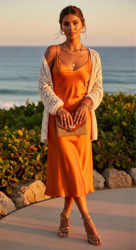 Golden hour elegant coconut girl outfit with orange satin dress and crochet cardigan.