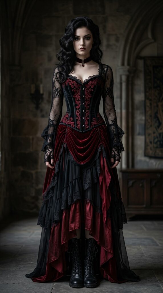 Moody black and blood red gothic outfit set with lace and velvet textures, creating a bold, dramatic, and dark romantic fashion look