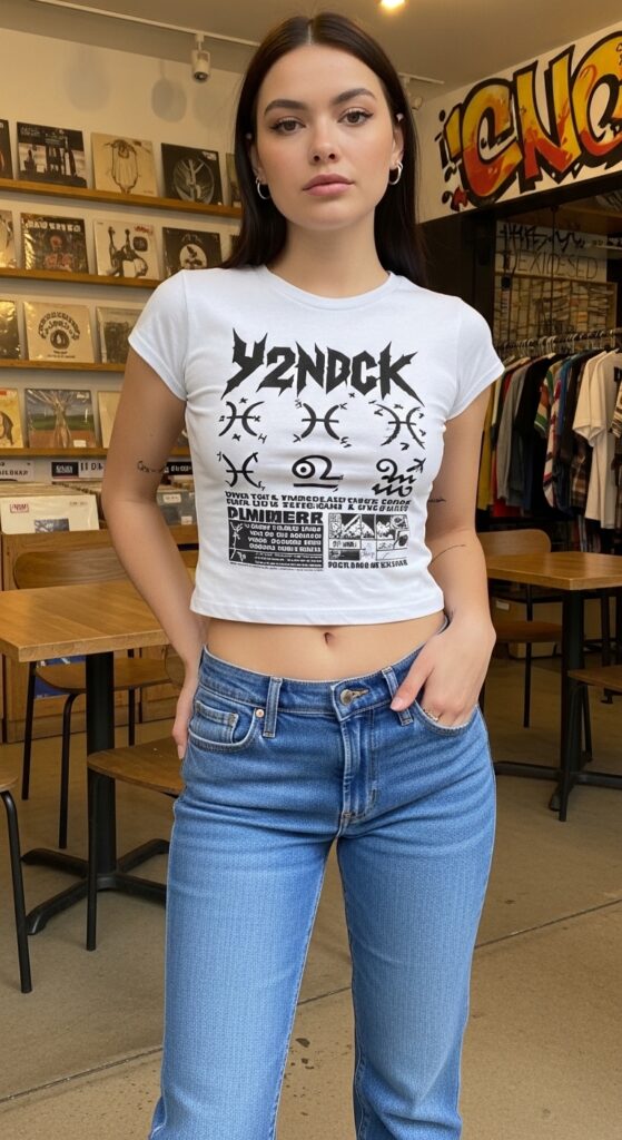 Y2K graphic baby tee outfit with simple jeans and platform sneakers.