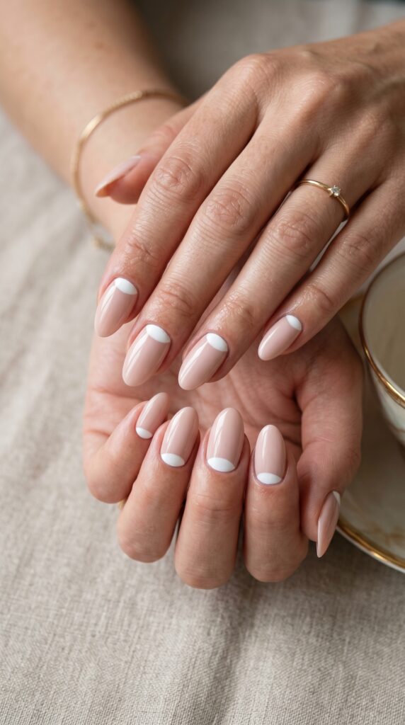 Hands with classic half-moon manicure featuring precisely defined crescent shape at nail base in contrasting color against nude foundation for timeless minimalist summer nail design
