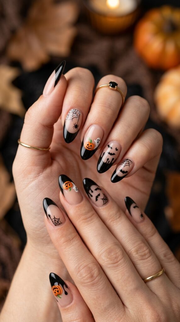 Halloween French tip nails with spooky designs like ghosts, pumpkins, and bats, creating a fun, stylish, and modern seasonal manicure look
