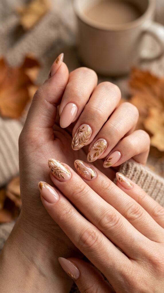 Close-up of nude nails with leaf art, soft neutral tones, delicate autumn design, and an elegant minimal aesthetic