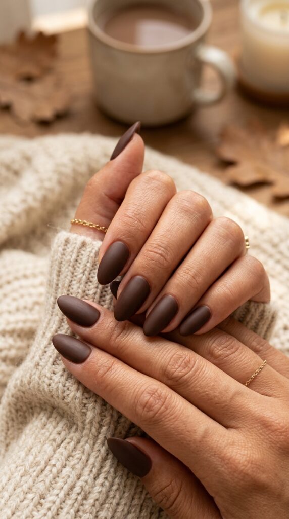 Close-up of chocolate brown nails with rich deep tones, elegant finish, and a cozy autumn aesthetic
