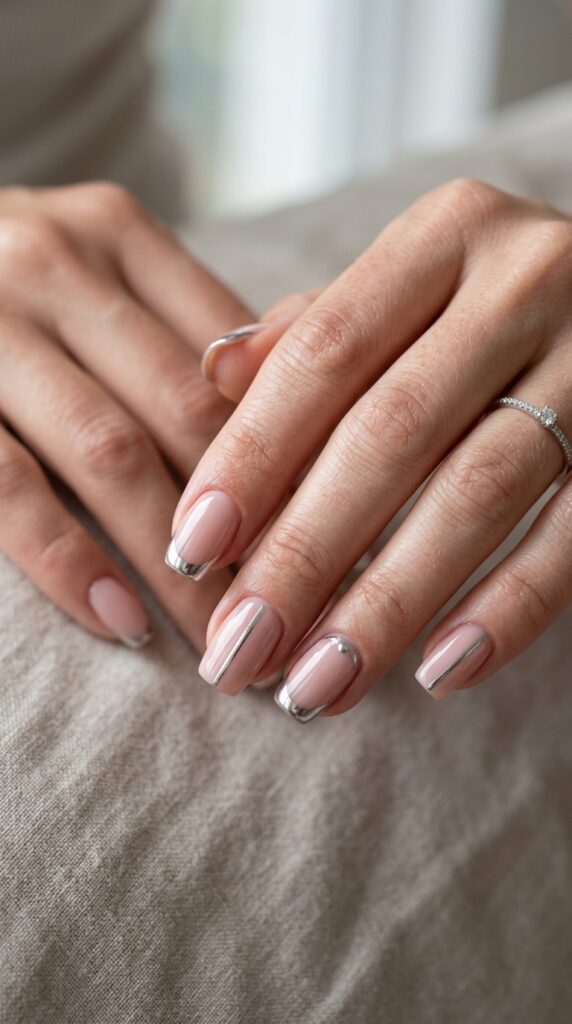 Close-up of chrome accent nails with a glossy finish, subtle metallic details, and a modern elegant spring aesthetic