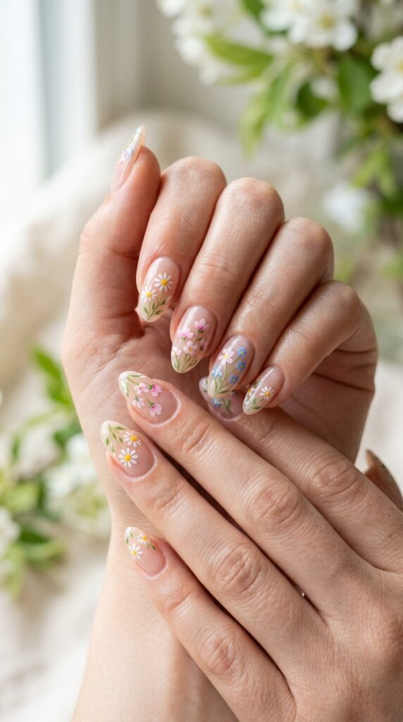 Floral nail art with soft pastel flowers on a nude base, glossy finish, and a fresh feminine spring aesthetic