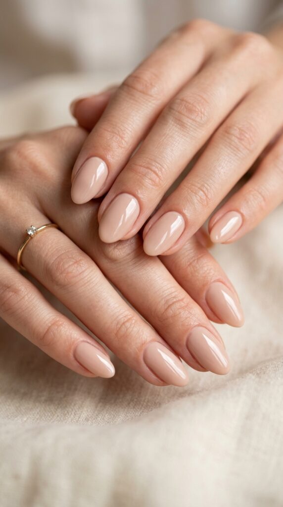 Close-up of glossy nude nails with a shiny finish, natural tones, and a clean elegant minimalist aesthetic