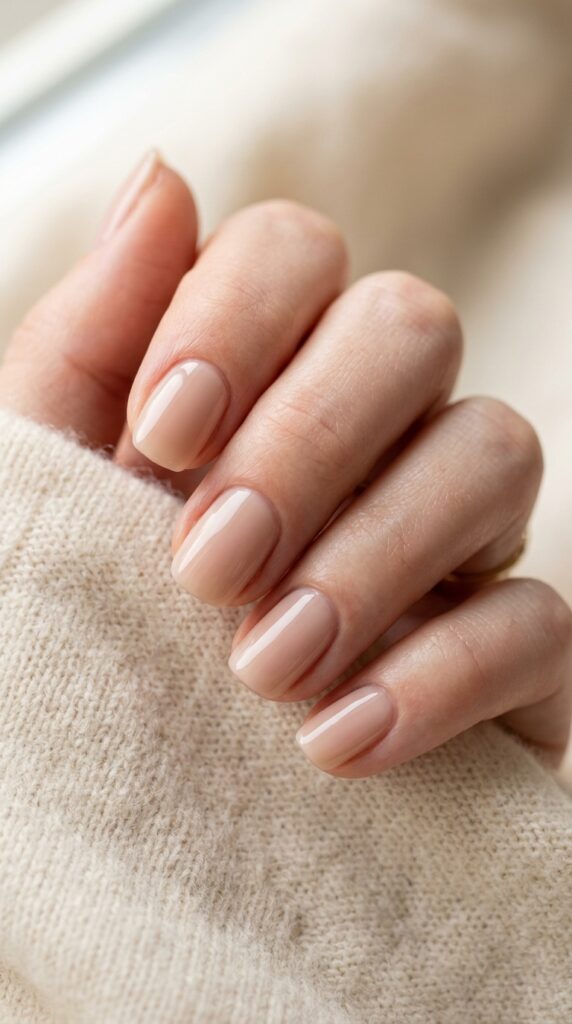 Close-up of minimal nude winter nails with soft neutral tones, glossy finish, and a clean elegant aesthetic