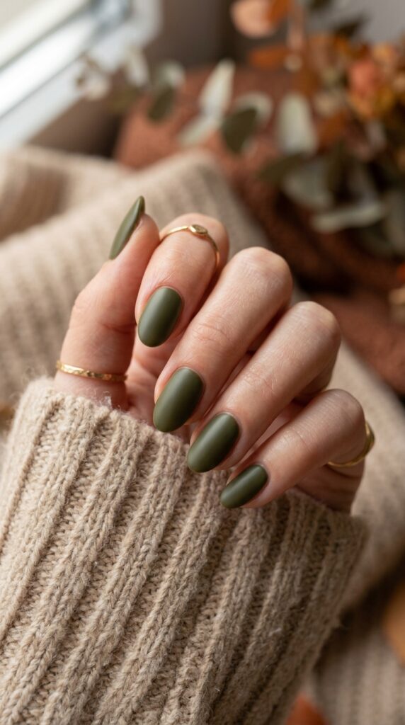 Close-up of olive green nails with earthy tones, smooth finish, and a cozy autumn-inspired aesthetic