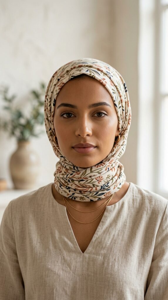 Fully wrapped bandana headscarf styled for a chic and elegant look, creating a modern, modest, and effortlessly stylish fashion statement