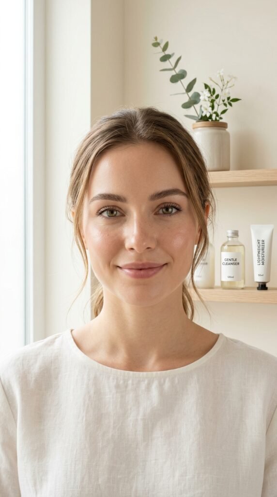 Combination and normal skin with a balanced matte and dewy glow, showcasing smooth, healthy, and naturally radiant skin in a clean beauty aesthetic