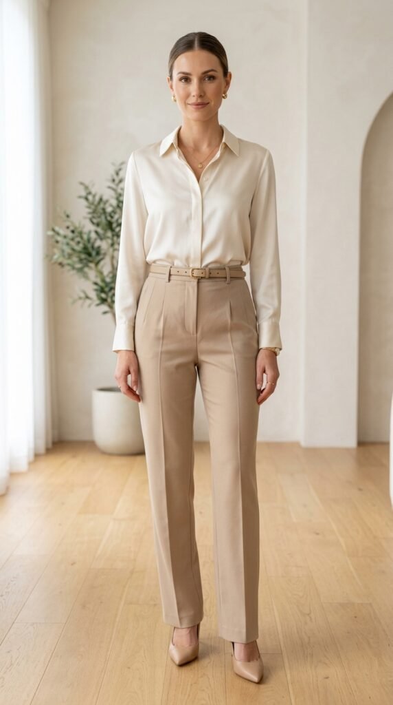 High-waisted trousers paired with a silk blouse, creating a chic, elegant, and sophisticated outfit perfect for modern workwear or polished everyday style