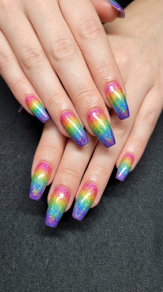 Holographic rainbow gradient nails with prismatic multi-color transition and iridescent finish creating mesmerizing light-reflecting effects for show-stopping summer nail art.