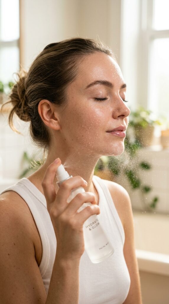 Close-up of a woman applying a hydrating facial mist, dewy skin, fresh glow, and a light refreshing skincare routine