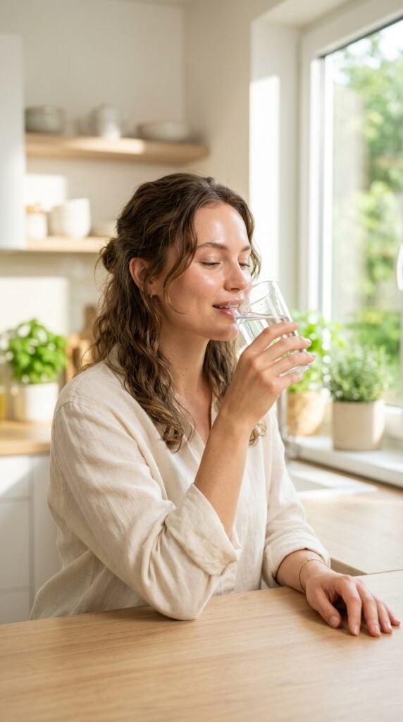 Woman drinking water with glowing hydrated skin, fresh natural look, and a bright airy summer aesthetic