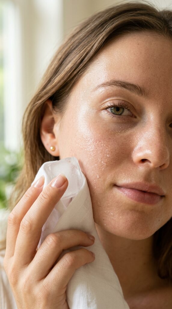 Close-up of a woman applying ice to her face for glowing skin, fresh dewy complexion, and a natural skincare aesthetic