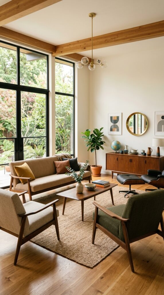 Mid-century modern living room with iconic tapered-leg furniture, warm wood tones, minimalist decor, and soft natural light