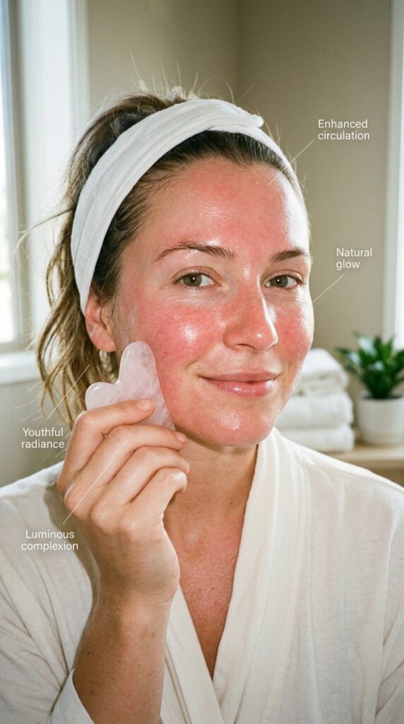 Woman displaying stunning natural radiance and healthy glow immediately after gua sha facial massage, with rosy flushed cheeks, luminous skin, and bright awakened eyes achieved through enhanced circulation and blood flow from gua sha treatment.







