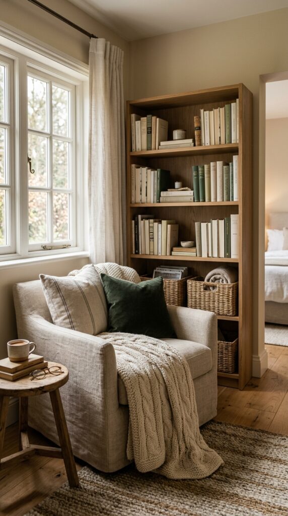 Cozy reading nook with a small bookshelf and organized storage, soft seating, warm lighting, and a calm inviting aesthetic
