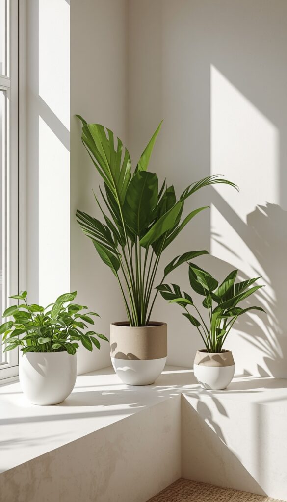 Modern interior with indoor plants in ceramic planters, lush greenery, neutral tones, and soft natural lighting