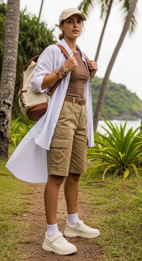 Coconut girl aesthetic explorer outfit with linen layers and cargo shorts.