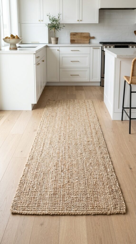 Neutral jute or sisal kitchen rug with natural texture and warm tones, creating a cozy, earthy, and modern minimalist interior look