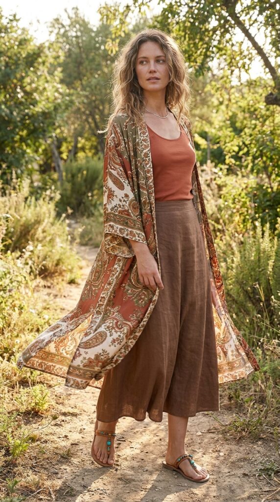 Woman layering printed kimono cardigan over tank top and flowing midi skirt with beaded flat sandals for boho summer outfit.