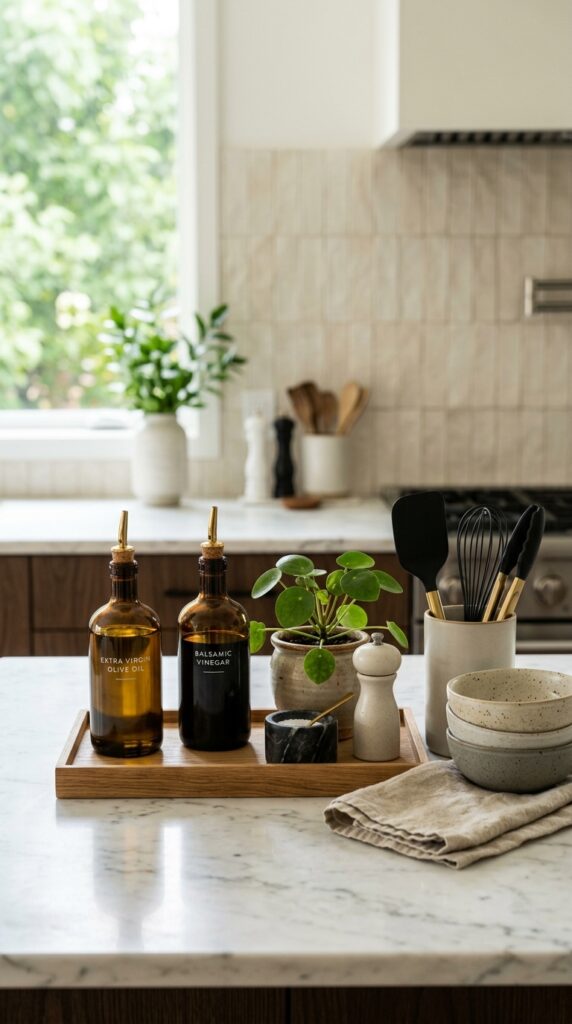 Kitchen countertop with decorative tray styling, organized items, neutral tones, and a clean modern aesthetic
