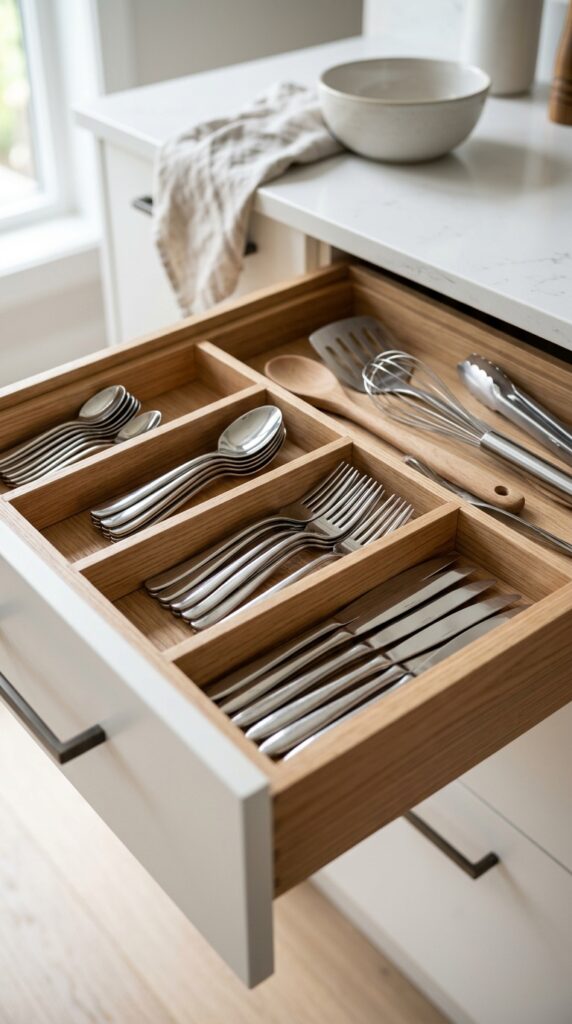 Kitchen drawer with utensil dividers neatly organizing cutlery into compartments, creating a clean and efficient storage system
