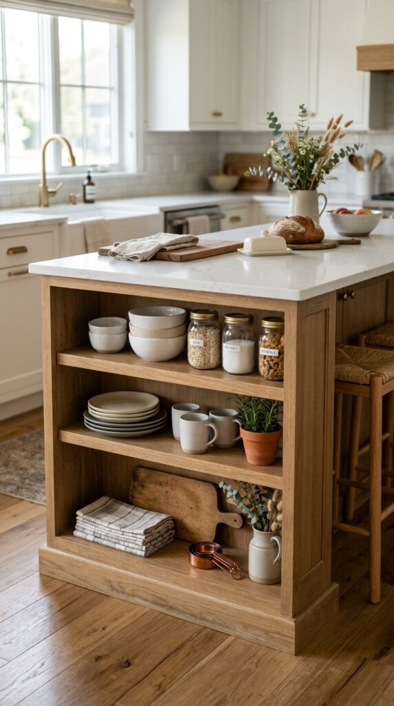 Kitchen island with open shelving, styled dishes and decor, neutral tones, and a cozy modern aesthetic