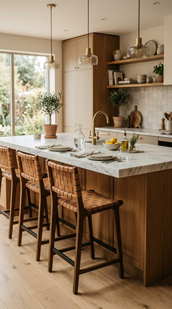 Kitchen island with seating and bar stools, neutral tones, clean design, and a warm inviting aesthetic