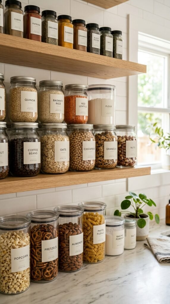 Labeled kitchen containers and jars creating a clean, organized, and visually cohesive pantry aesthetic