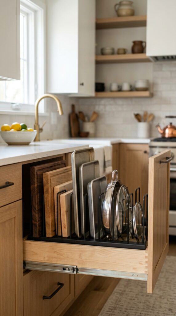 Vertical kitchen storage with trays and lids organized upright in racks, creating a space-saving and highly efficient cabinet system