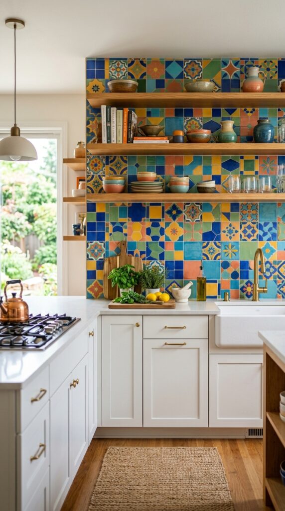 Colorful tile backsplash with vibrant tones and playful patterns, creating a lively and modern kitchen aesthetic