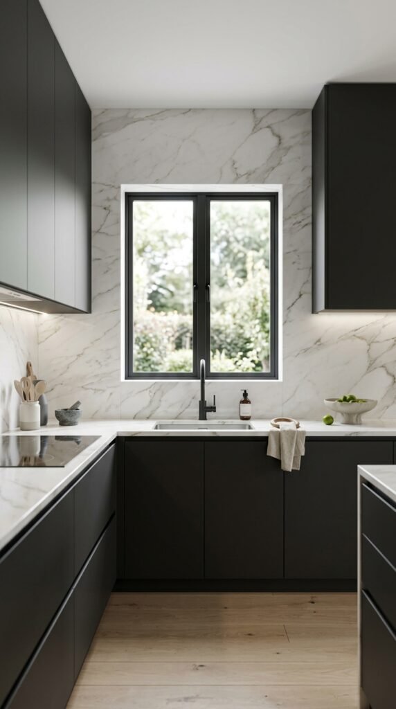 Full slab backsplash in a modern kitchen with seamless stone design, clean lines, and a luxurious minimalist aesthetic