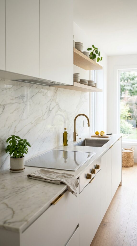 Marble backsplash with elegant veining in a bright kitchen, creating a luxurious and timeless design aesthetic