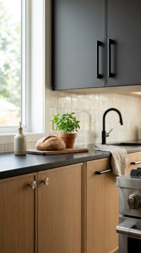 Kitchen cabinets with upgraded hardware handles in modern finishes, creating a stylish and polished design transformation