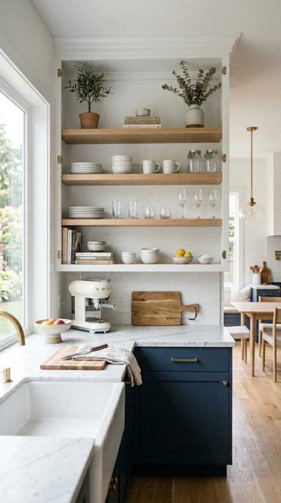 Kitchen with open shelf conversion replacing cabinets, styled with dishes and decor for a bright, airy, and modern look